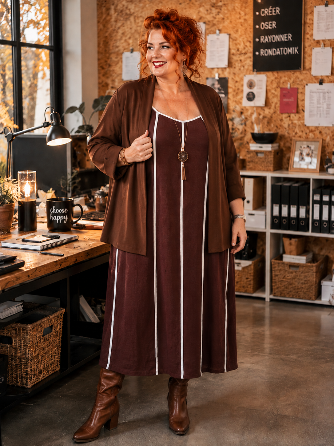 Robe bretelles gansée de fines bandes blanche.