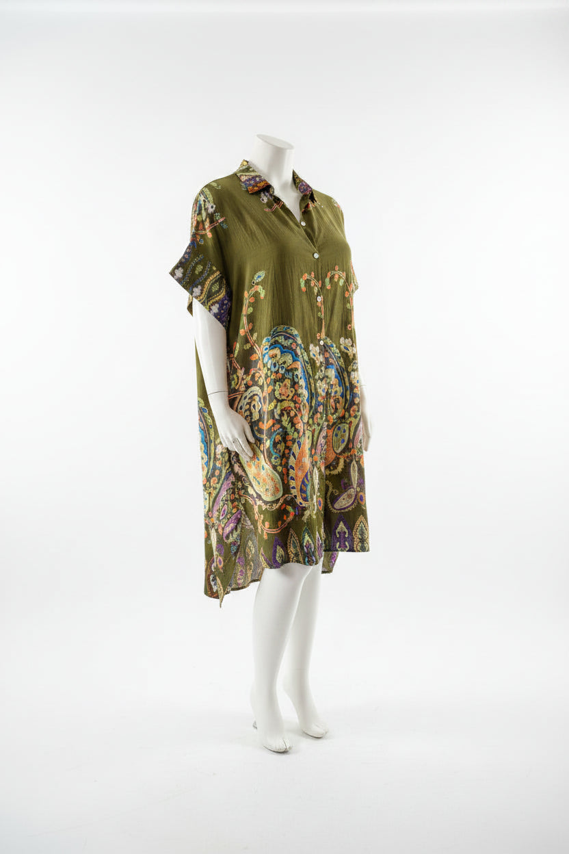 Robe chemise kaki motifs cachemires
