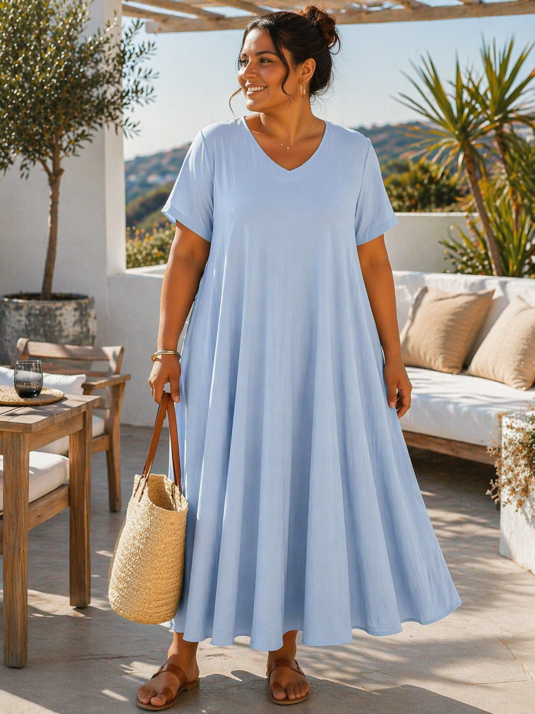 Robe longue col V , coupe évasée