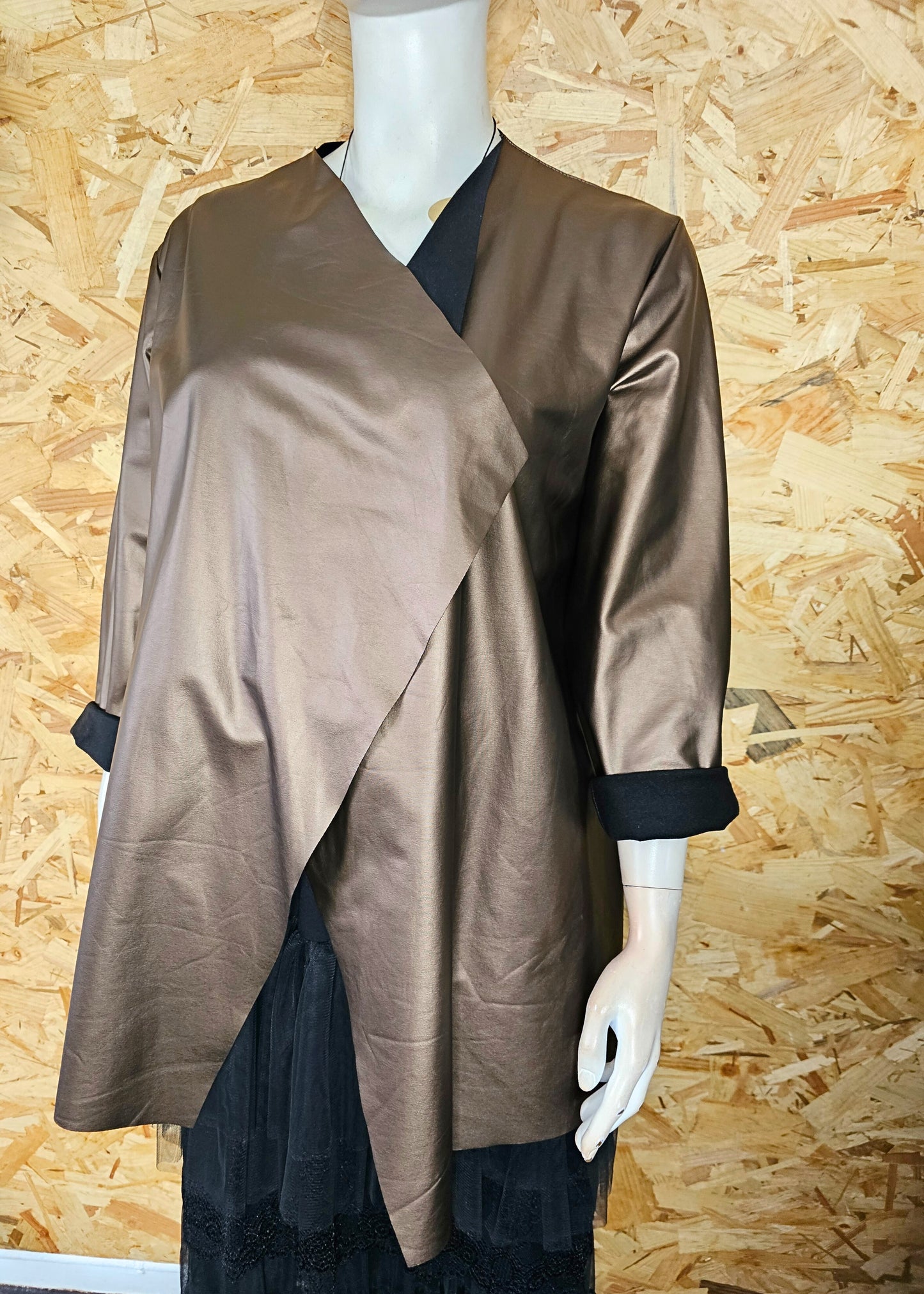 Veste simili cuir mordoré col châle