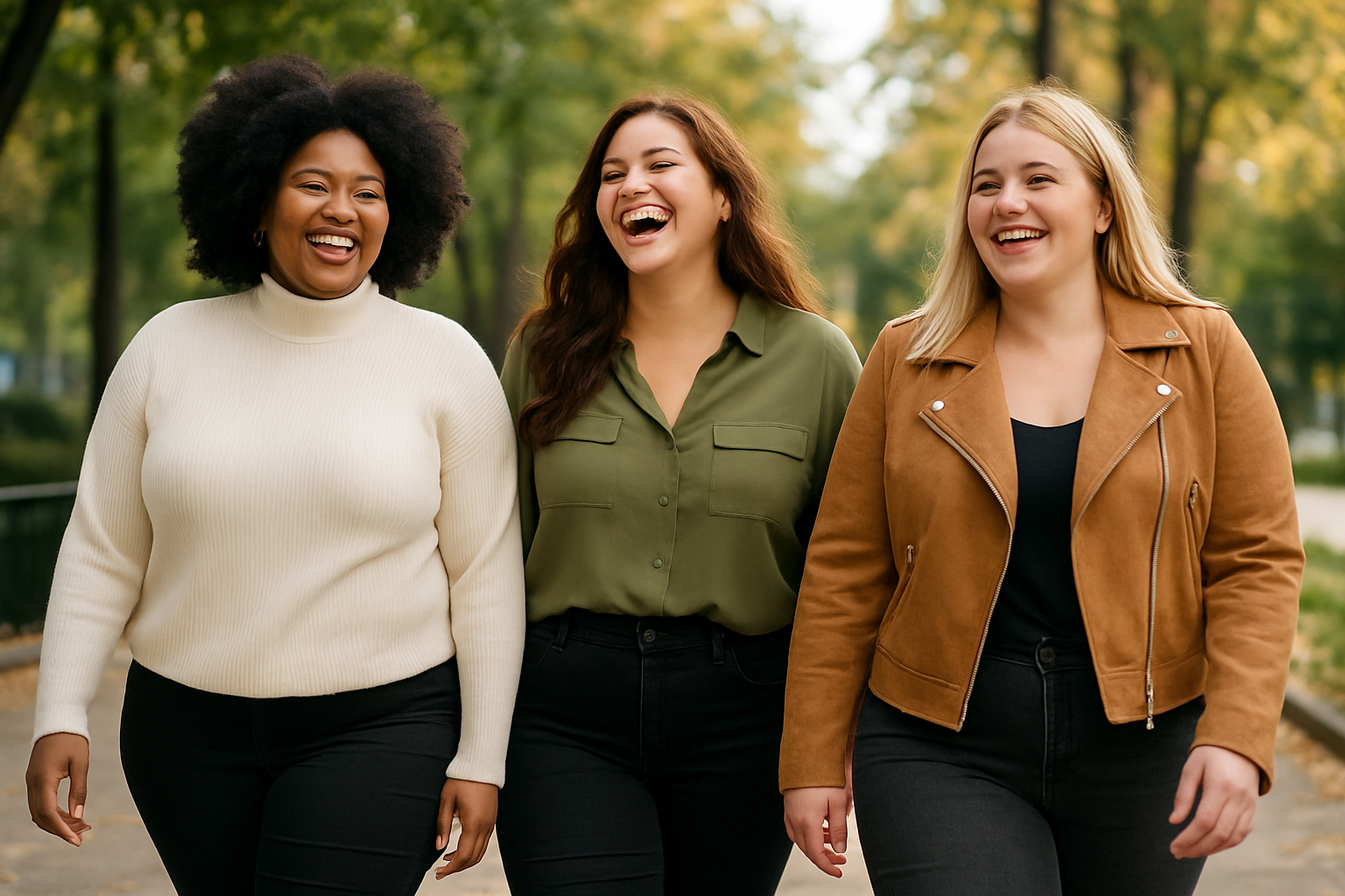 3 femmes rondes en balade dans des tenues modernes, avec joie de vivre , manches longues 