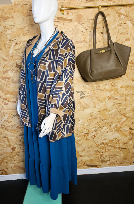 Veste capuche en suédine , coupe parka , motifs géométriques