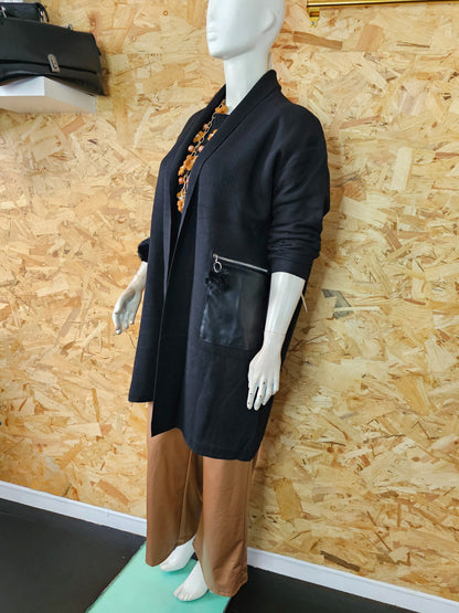 Veste longue en lainage et poches simili cuir