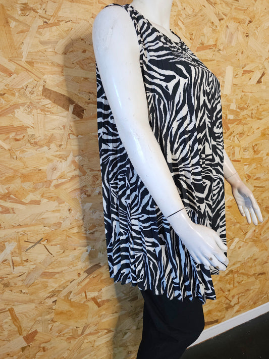 Top long plissé, imprimé zèbre noir et blanc