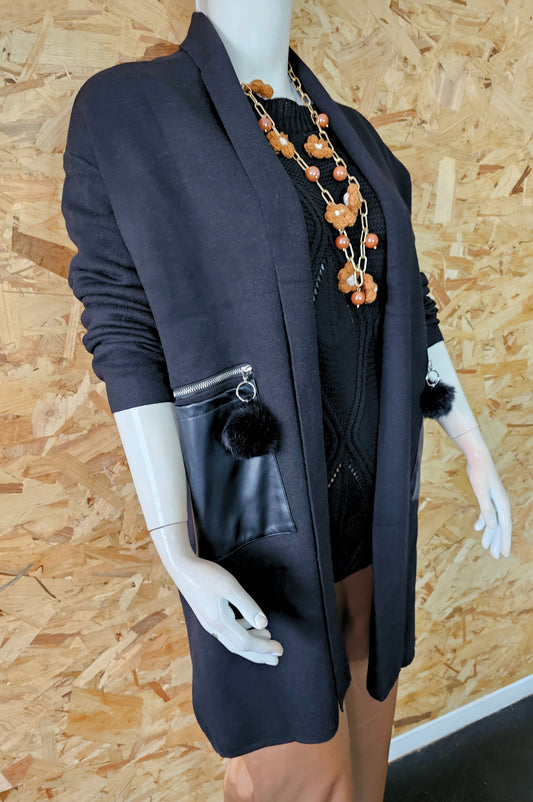 Veste longue en lainage et poches simili cuir
