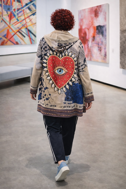 Veste de suédine  fond beige et motifs de caractère