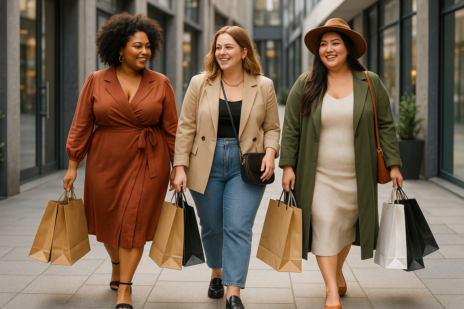 je cherche 3 femmes rondes super bien habillées qui font du shopping et en plein pied 