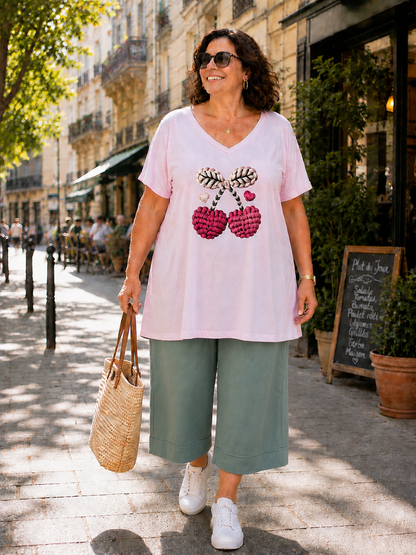 Teeshirt rose évasé,  flocage cerises tricotées
