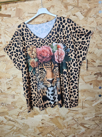 Tunique douce viscose élasthanne,  léopard fleuri