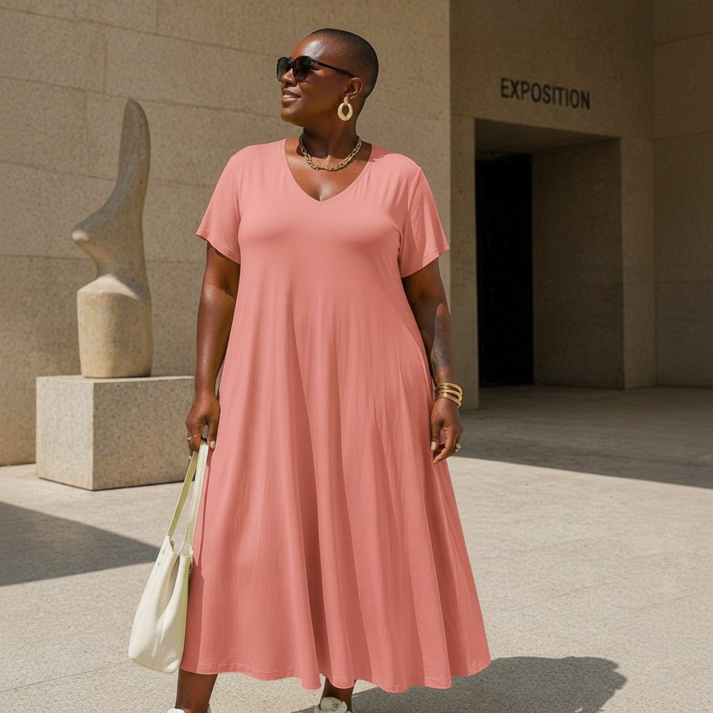 Robe longue col V , coupe évasée