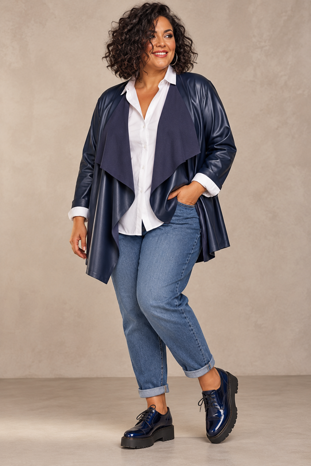 Veste simili cuir souple, col châle