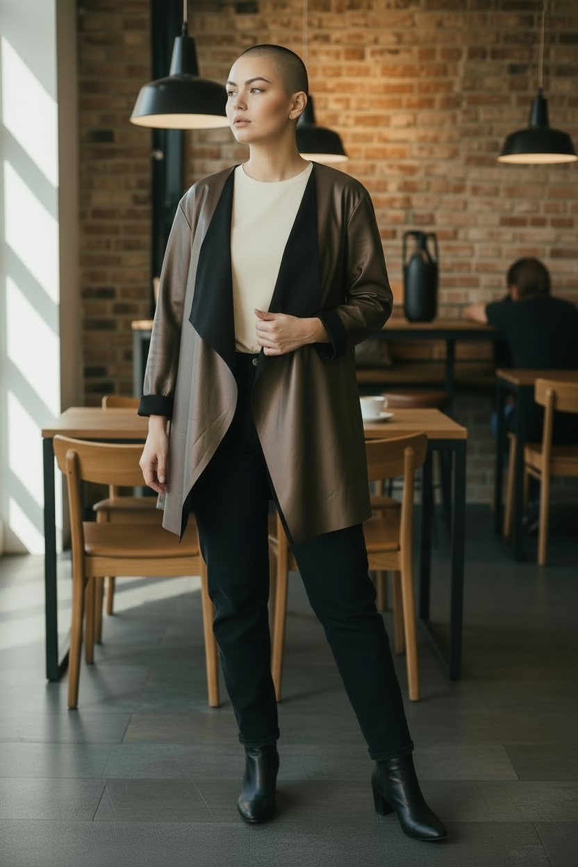 Veste simili cuir mordoré col châle