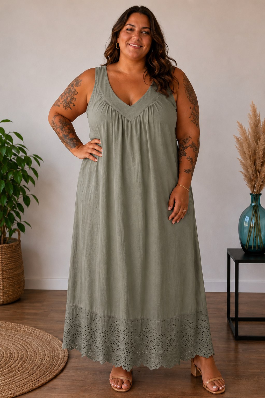 Robe longue coton et bas broderie anglaise