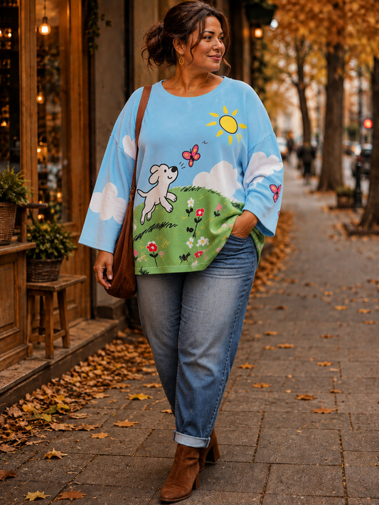 Pull scène printanière et toutou