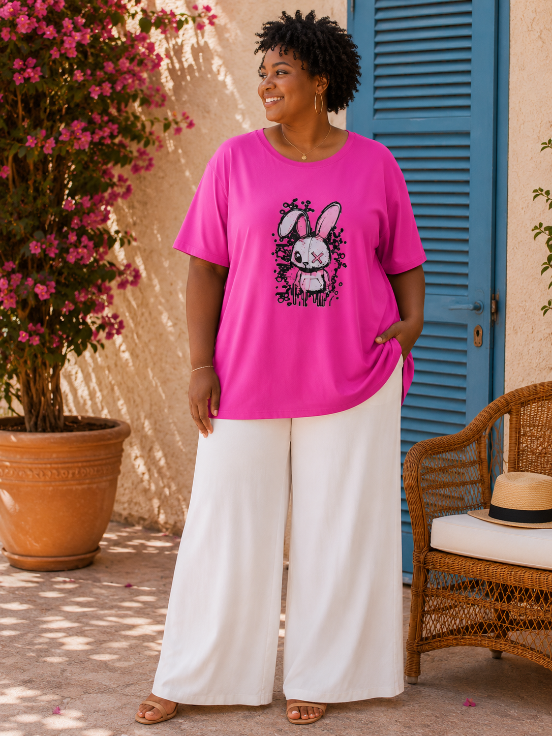 Teeshirt fuschia, lapin urban art