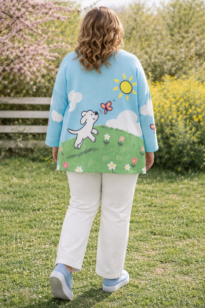 Pull scène printanière et toutou