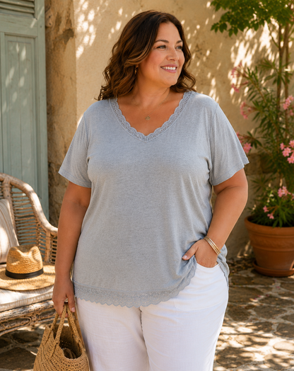 Teeshirt viscose et élasthanne / col et bas dentelle