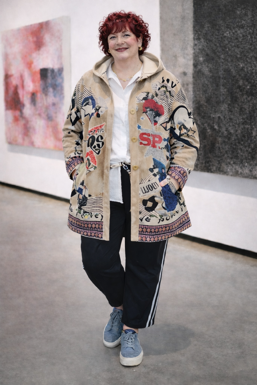 Veste de suédine  fond beige et motifs de caractère