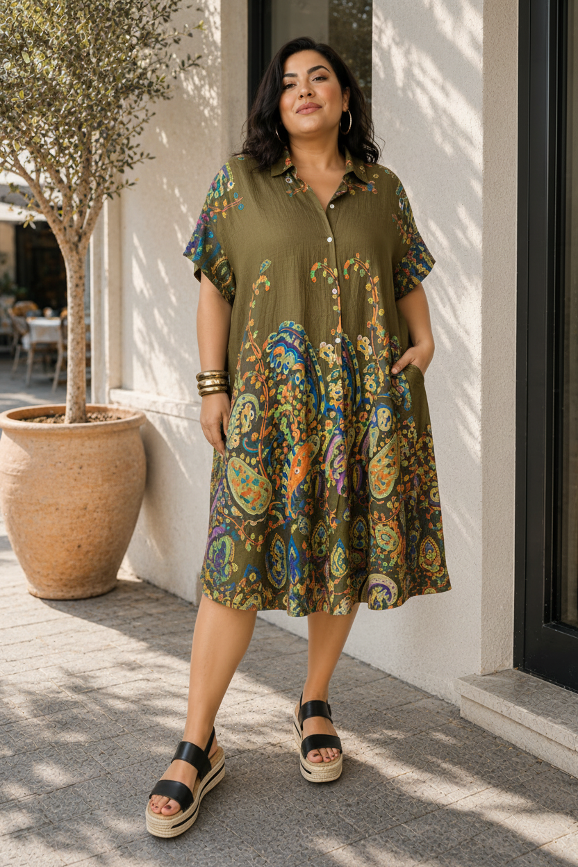 Robe chemise kaki motifs cachemires