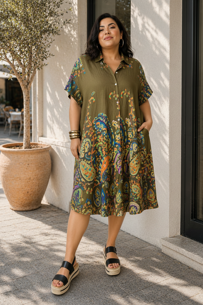 Robe chemise kaki motifs cachemires