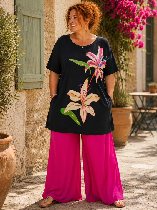 Robe teeshirt ou teeshirt long  fleuri et perlé