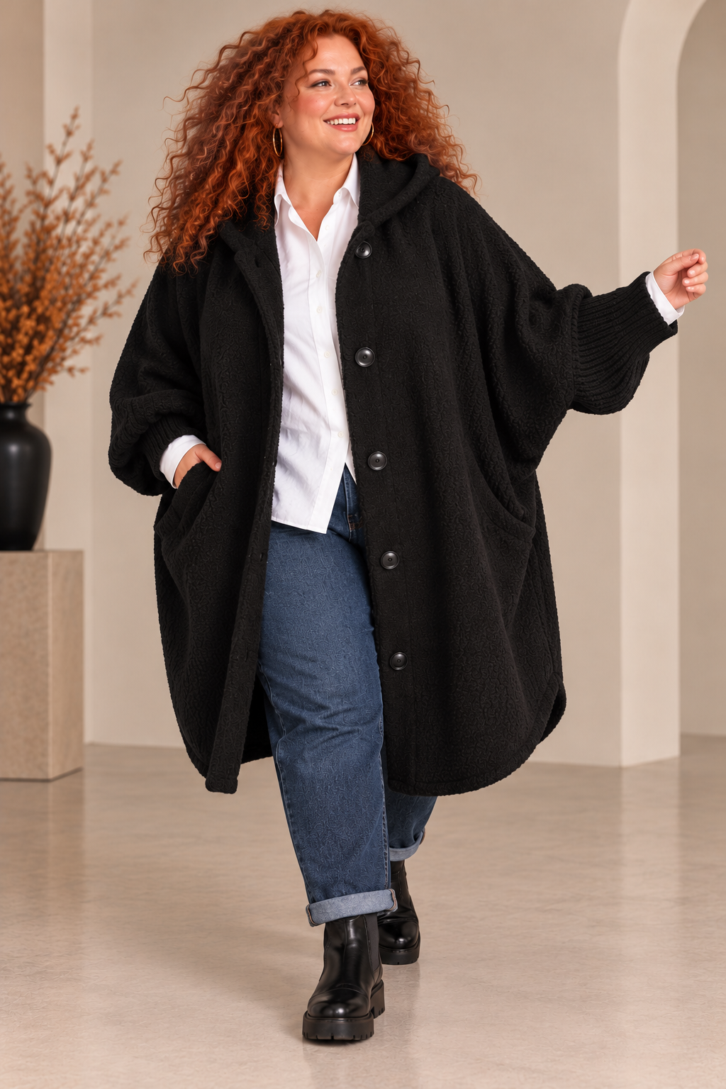 Manteau lainage bouclette et manches tricot
