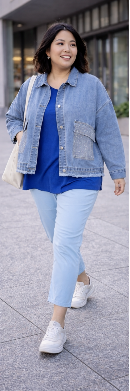 Veste jeans courte oversize et détails strass