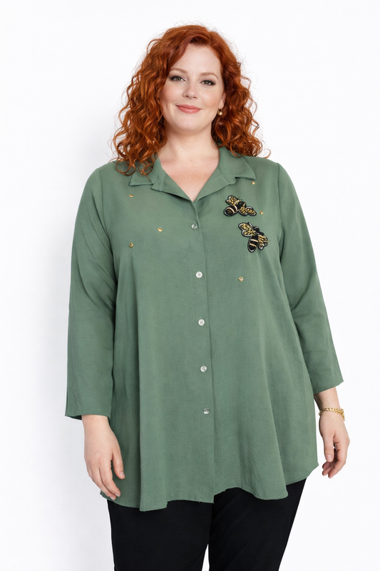 Chemise kaki coupe évasée, appliques abeilles en relief
