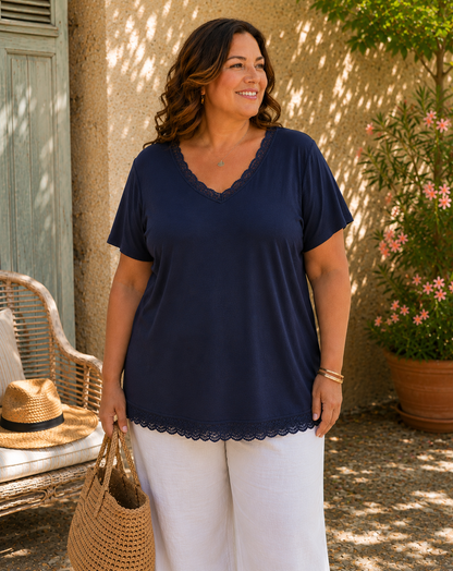 Teeshirt viscose et élasthanne / col et bas dentelle