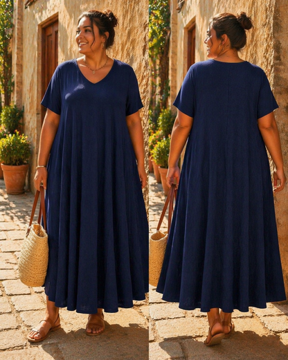 Robe longue col V , coupe évasée