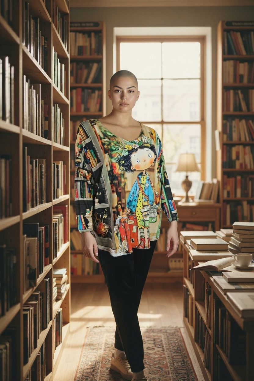 Teeshirt manches longues motif fillette à la bibliothèque