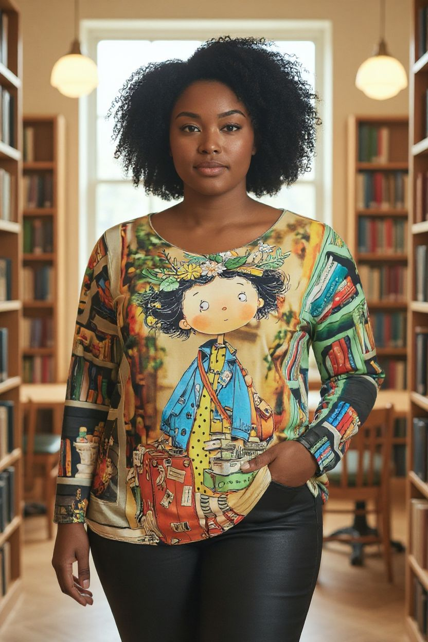 Teeshirt manches longues motif fillette à la bibliothèque