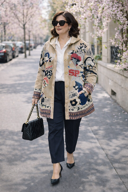 Veste de suédine  fond beige et motifs de caractère