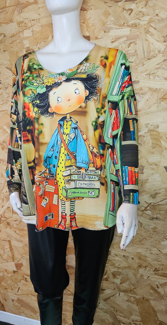 Teeshirt manches longues motif fillette à la bibliothèque