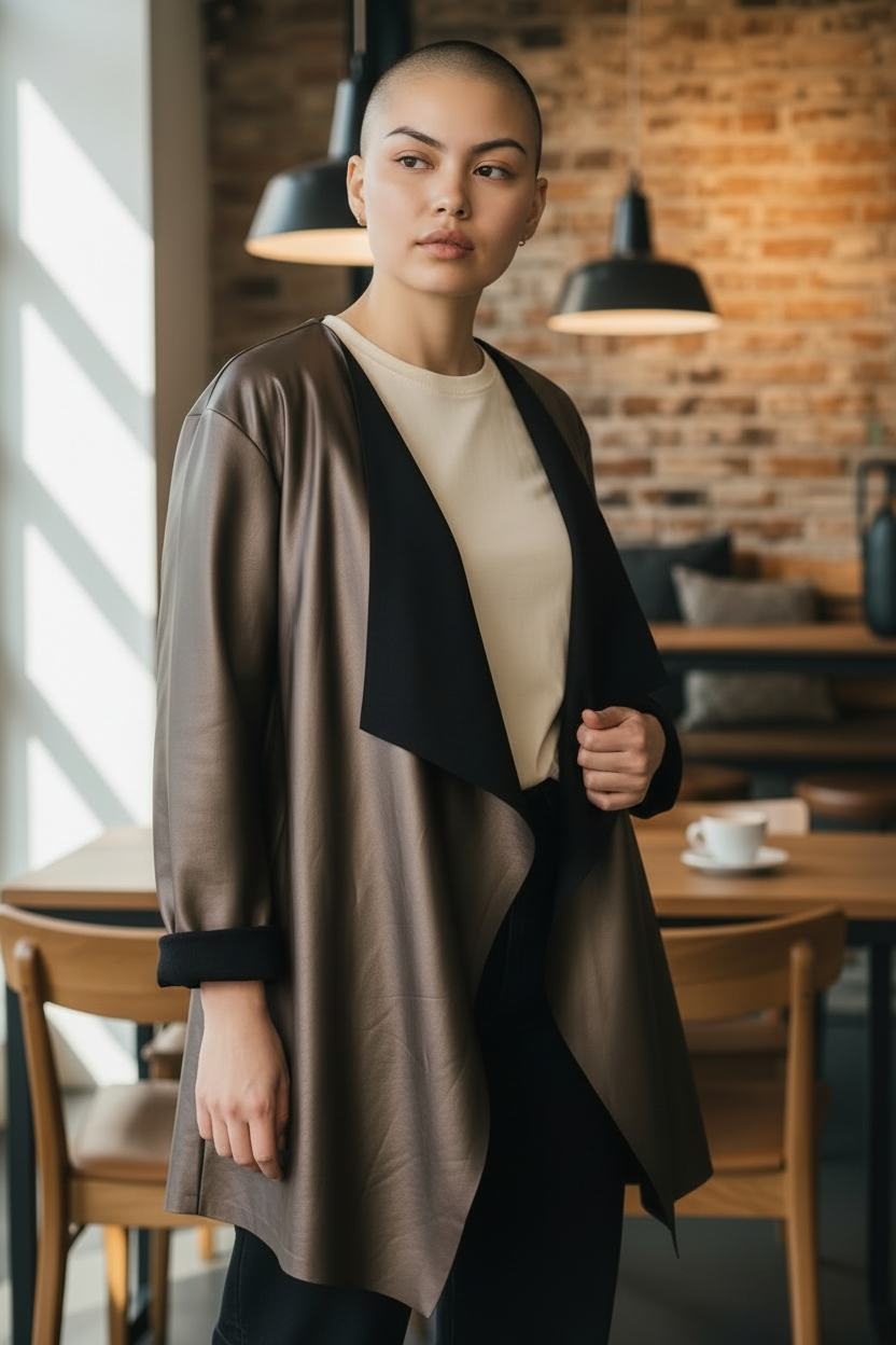 Veste simili cuir mordoré col châle