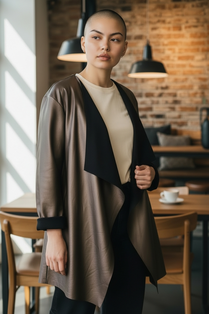 Veste simili cuir mordoré col châle