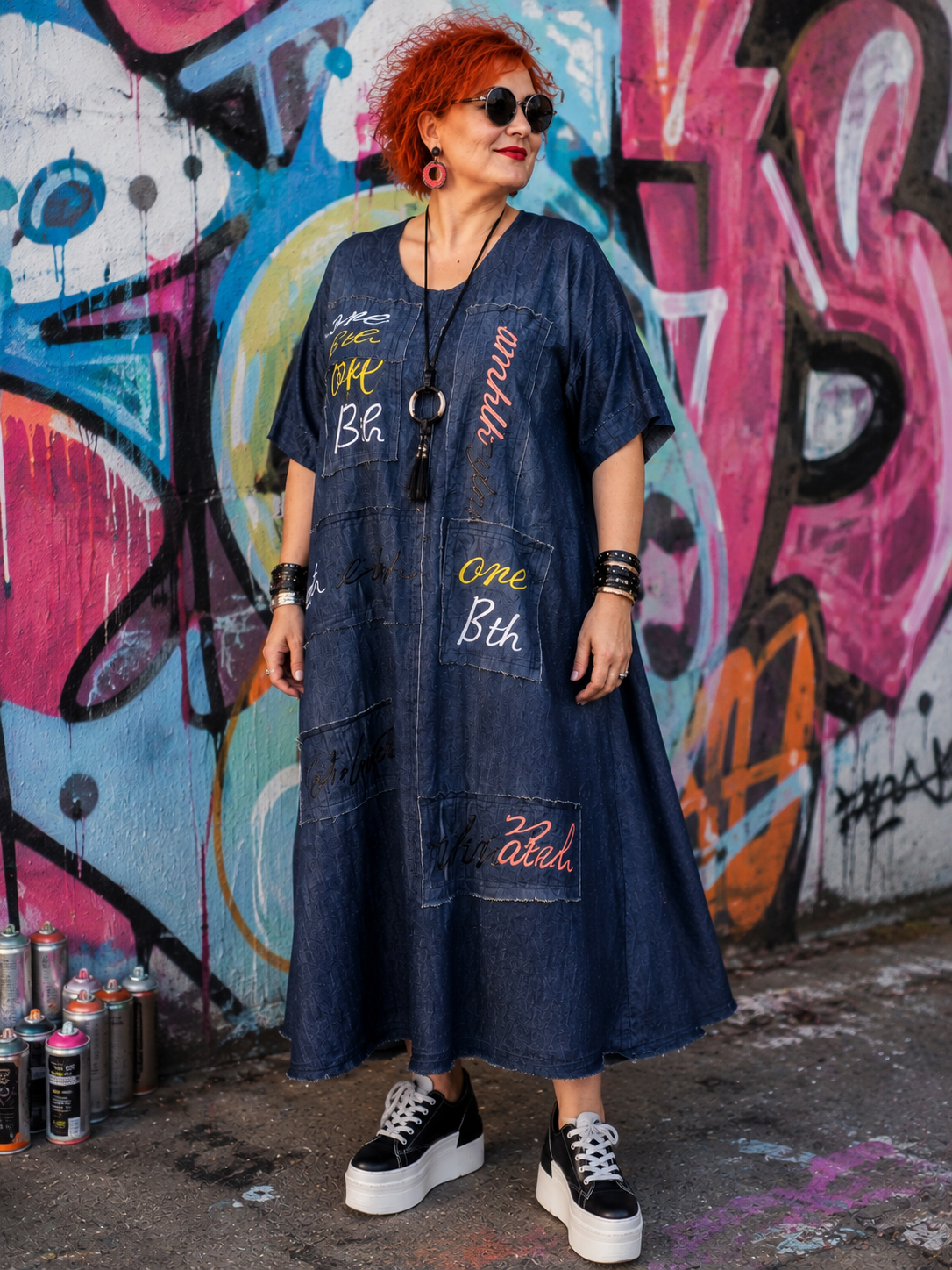 Robe en jean, patchs brodés