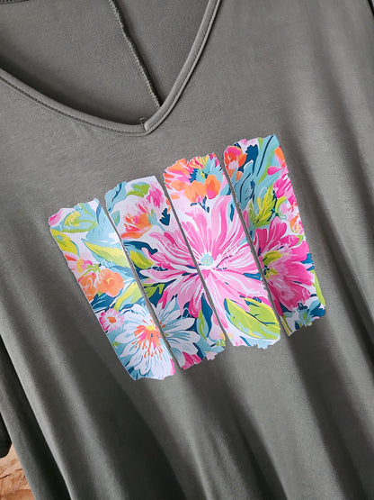 Teeshirt kaki évasé,  flocage floral