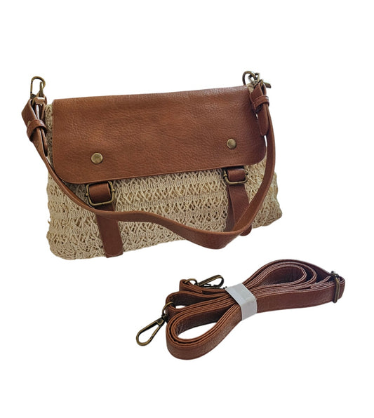 Sac besace rafia et cuir végétal