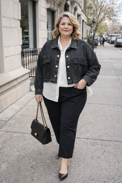 Veste jeans courte oversize et détails strass
