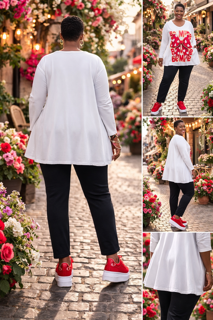 Tunique blanche évasée,  motifs rouges