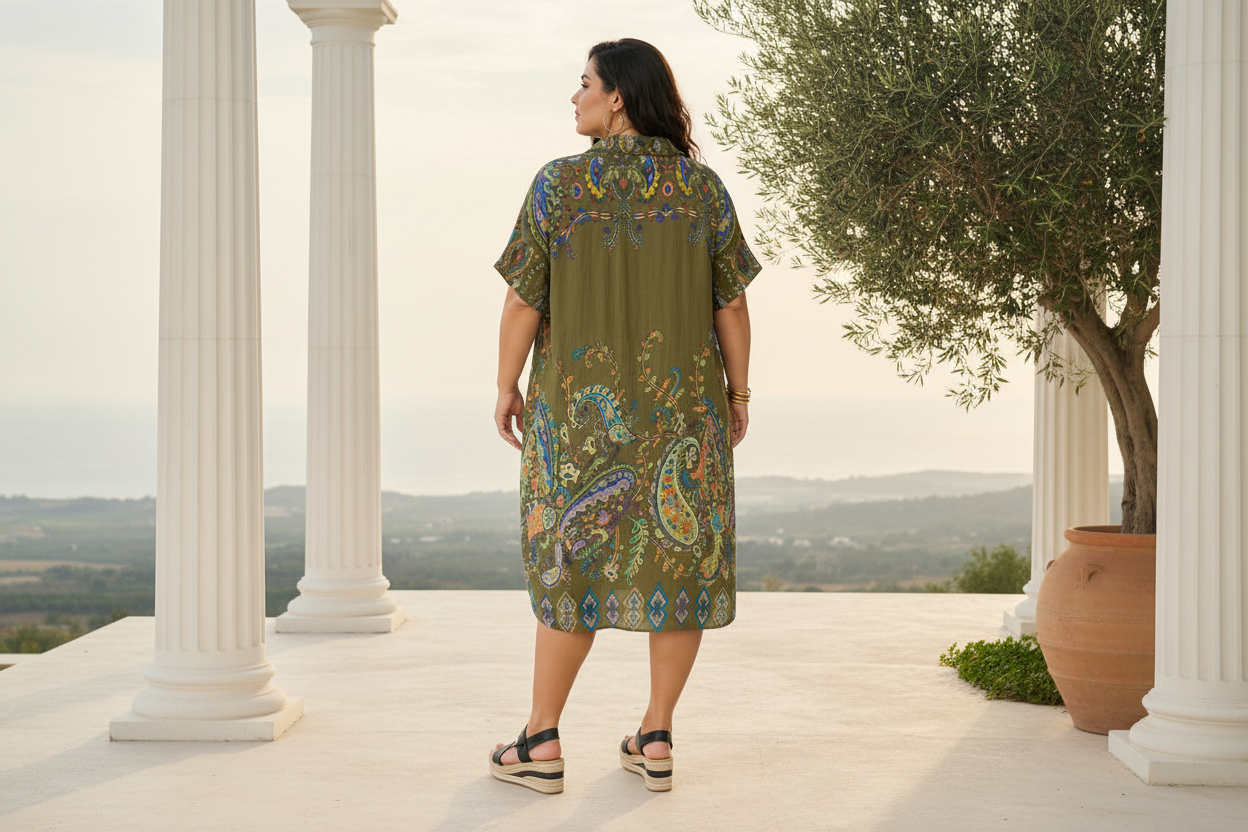Robe chemise kaki motifs cachemires