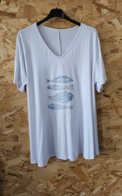 Teeshirt évasé blanc, flocage poissons