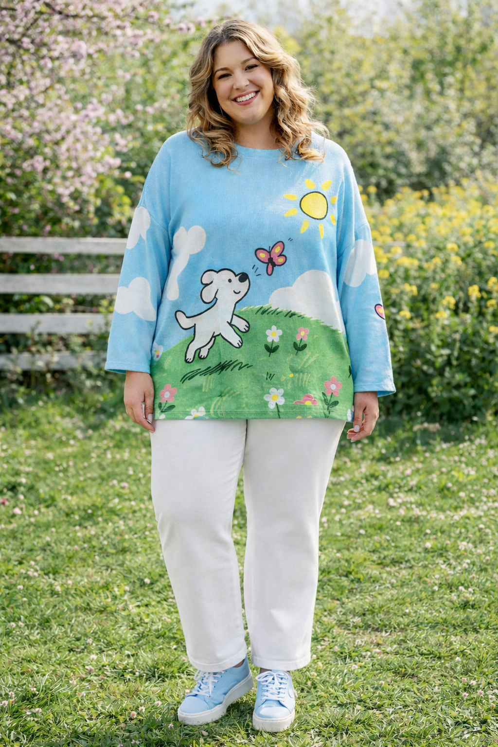 Pull scène printanière et toutou