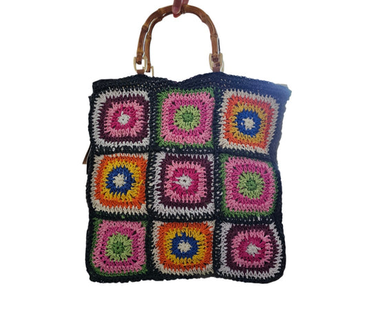 Sac cabas de rafia noir et carrés de patchwork
