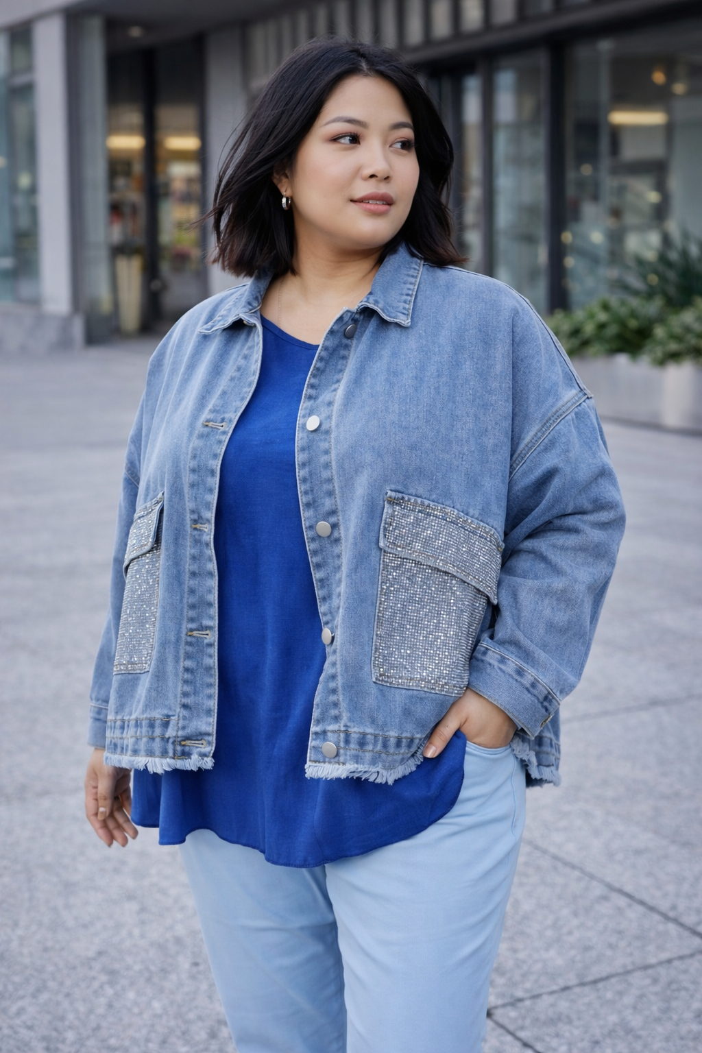 Veste jeans courte oversize et détails strass