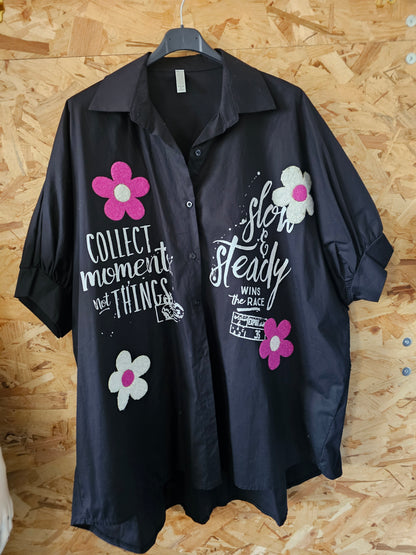 Chemise coton noir " flower patchs"