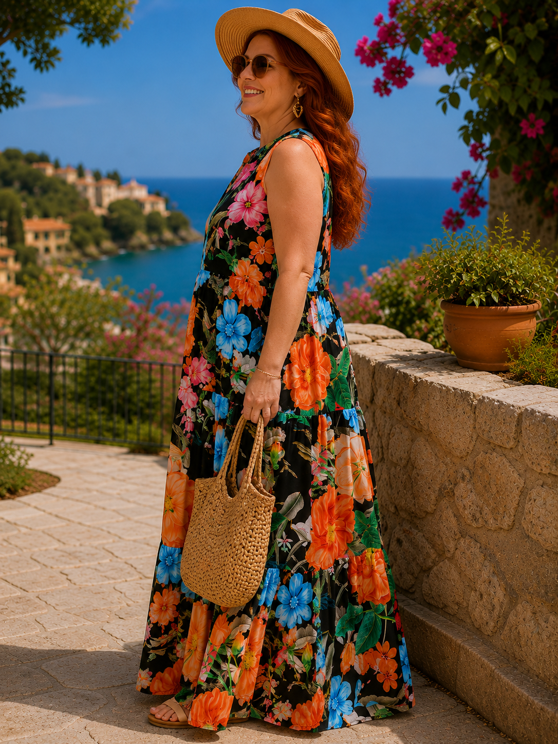 Robe longue fleurie, sans manches et col mao