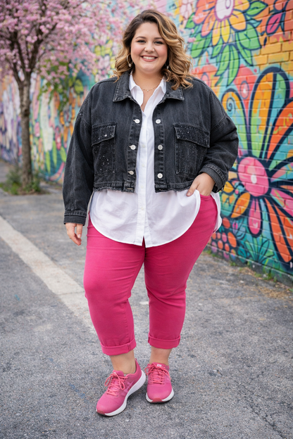 Veste jeans courte oversize et détails strass