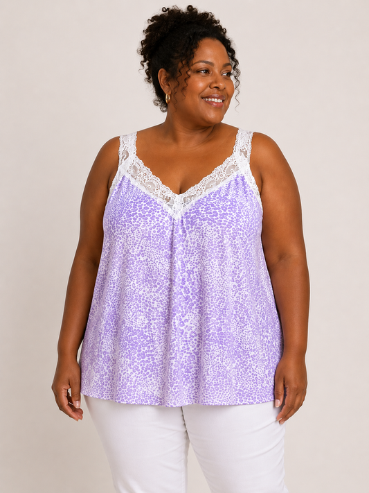 Top motifs parme et dentelle blanche